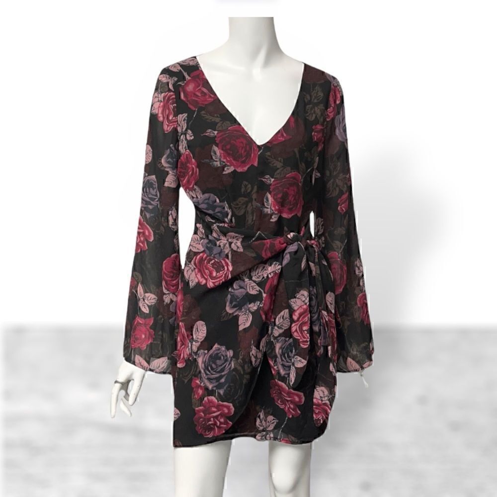 Guess Wide Bell Long Sleeve V Neck Floral Mini Dress